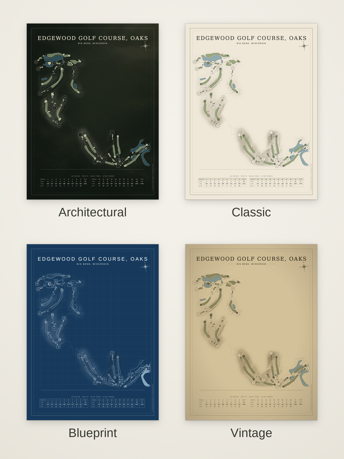 Edgewood Golf Course — Oaks course map poster in four styles: Architectural, Classic, Blueprint and Vintage