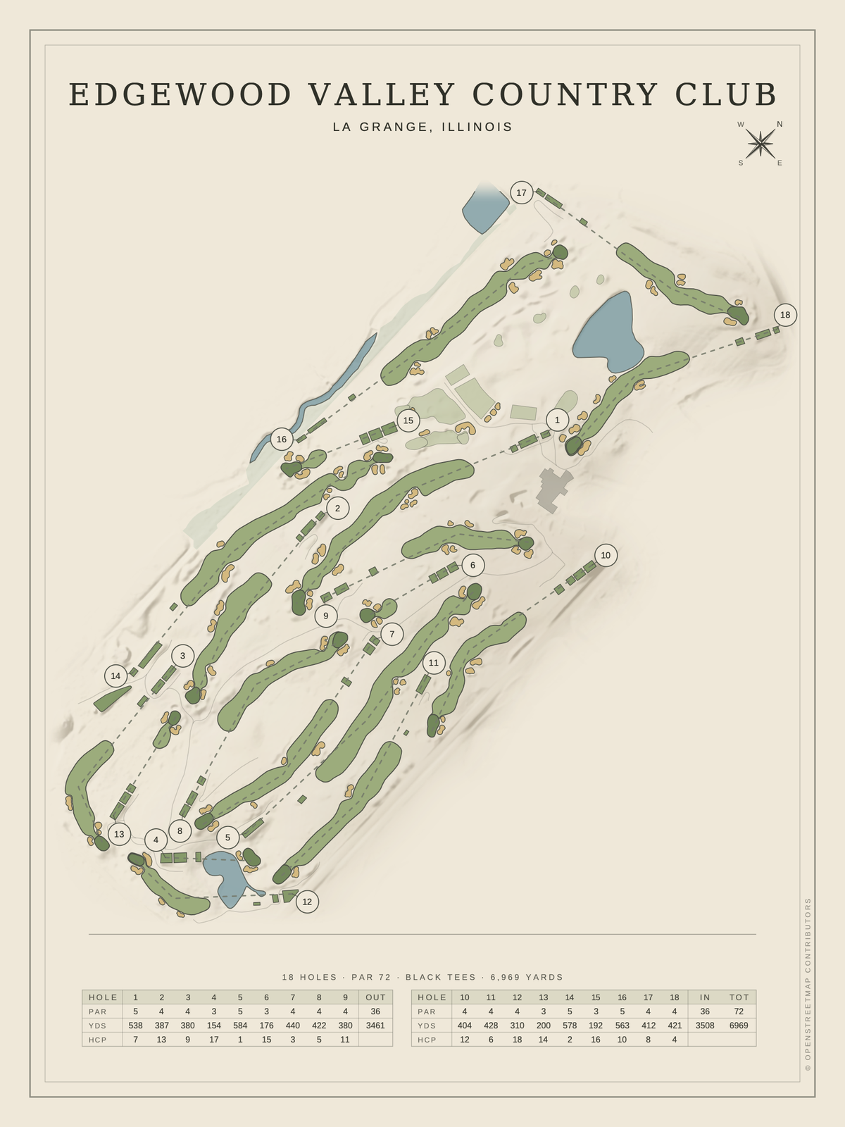 Edgewood Valley Country Club course map poster, Classic style, 12×16 / 18×24