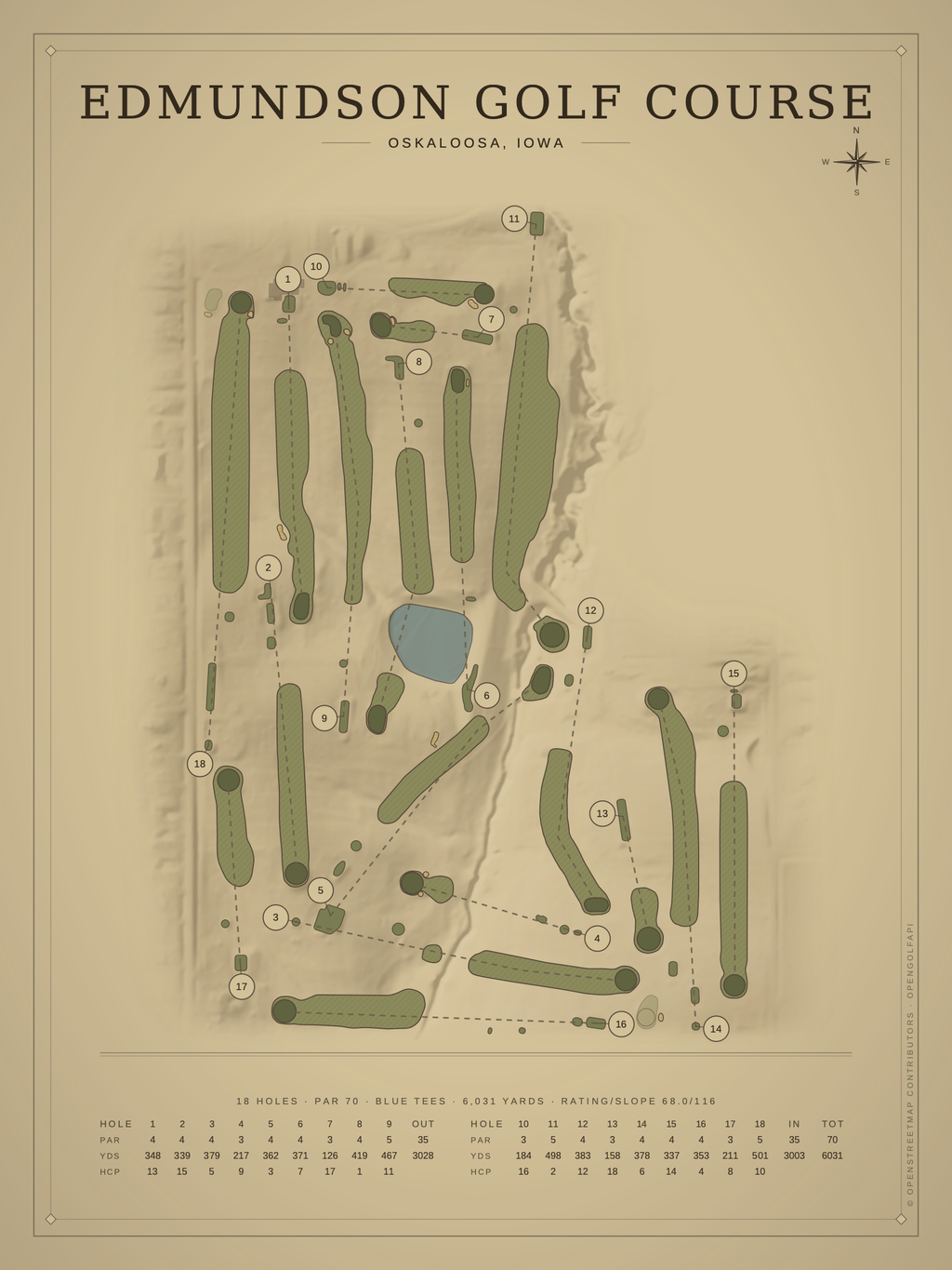 Edmundson Golf Course map poster, Vintage style, 12×16 / 18×24