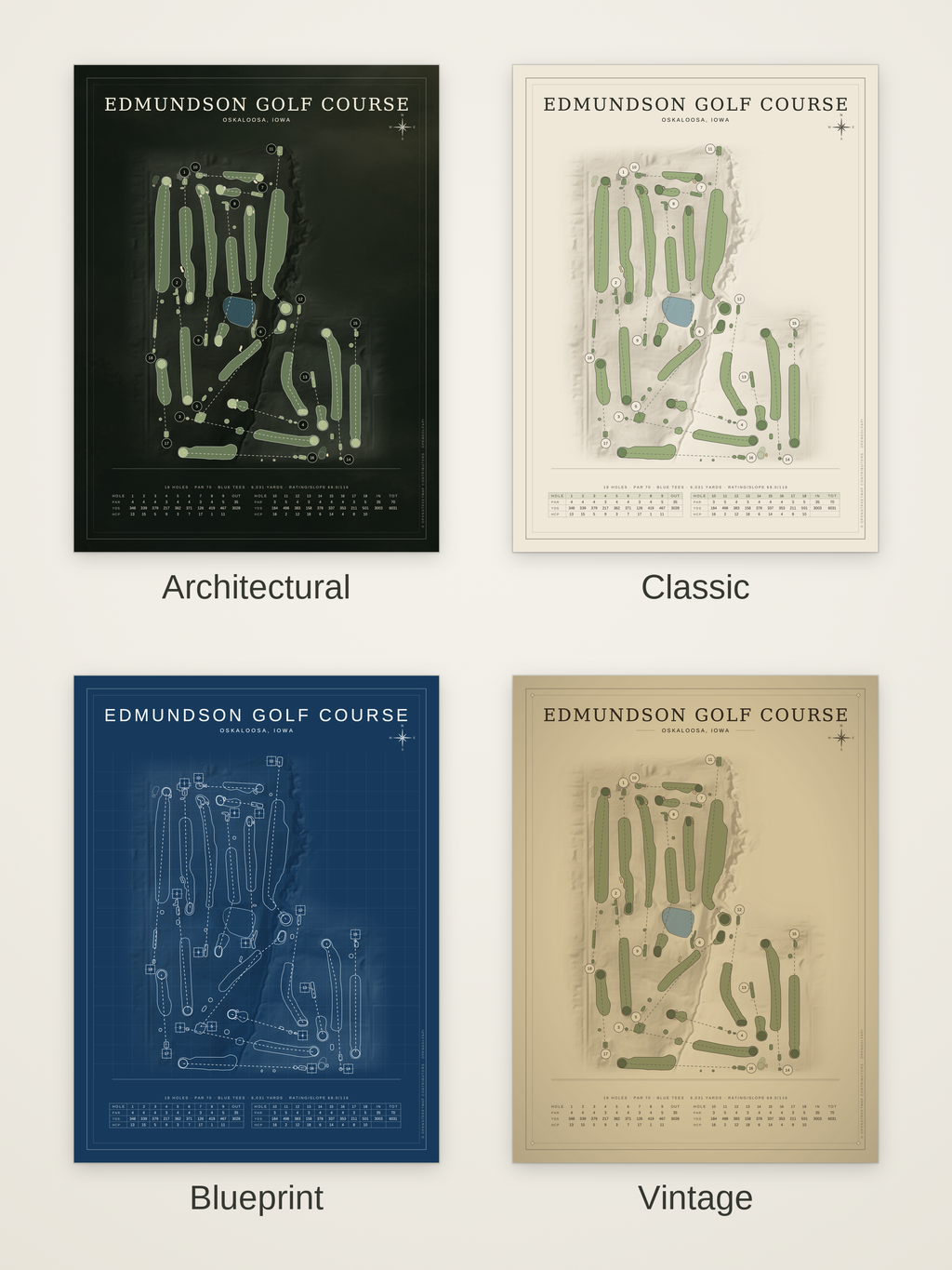 Edmundson Golf Course map poster in four styles: Architectural, Classic, Blueprint and Vintage