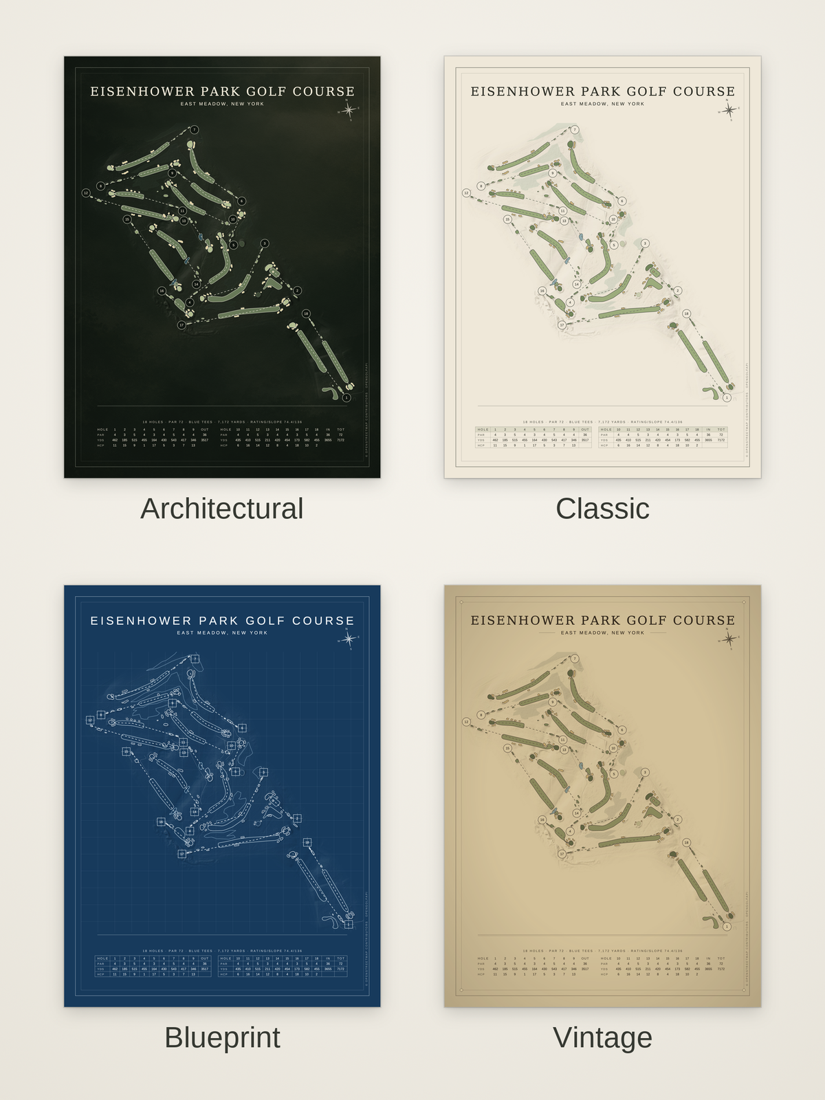 Eisenhower Park Golf Course map poster in four styles: Architectural, Classic, Blueprint and Vintage