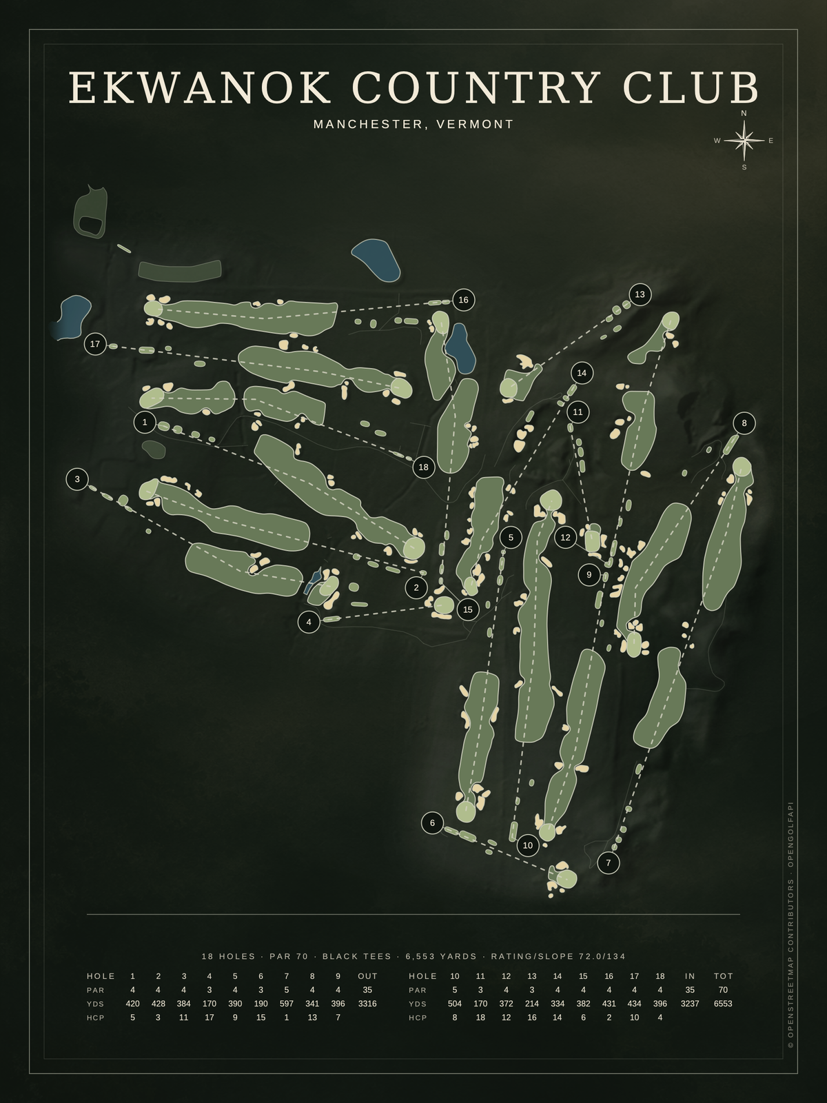 Ekwanok Country Club course map poster, Architectural style, 12×16 / 18×24