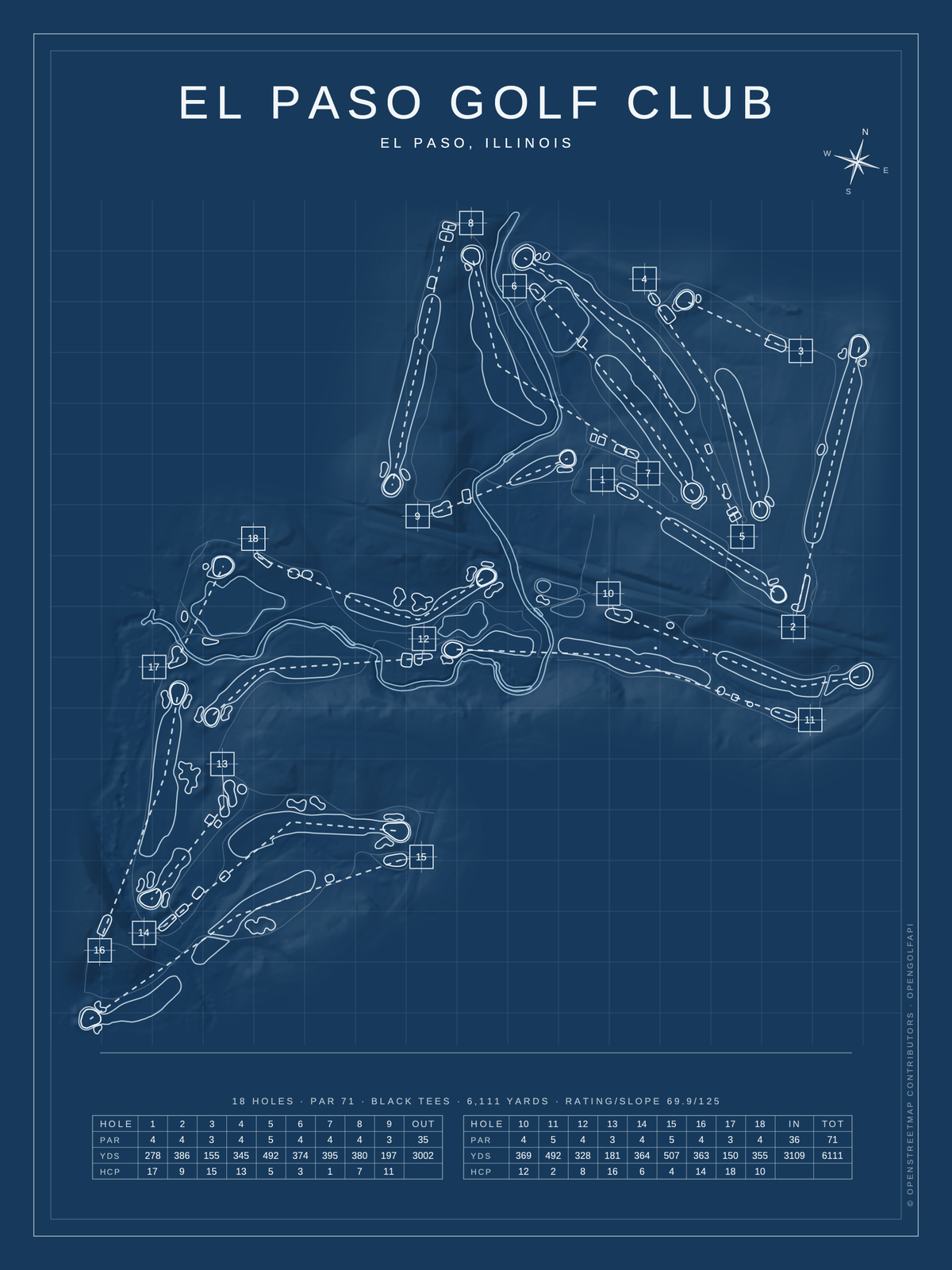 El Paso Golf Club course map poster, Blueprint style, 12×16 / 18×24