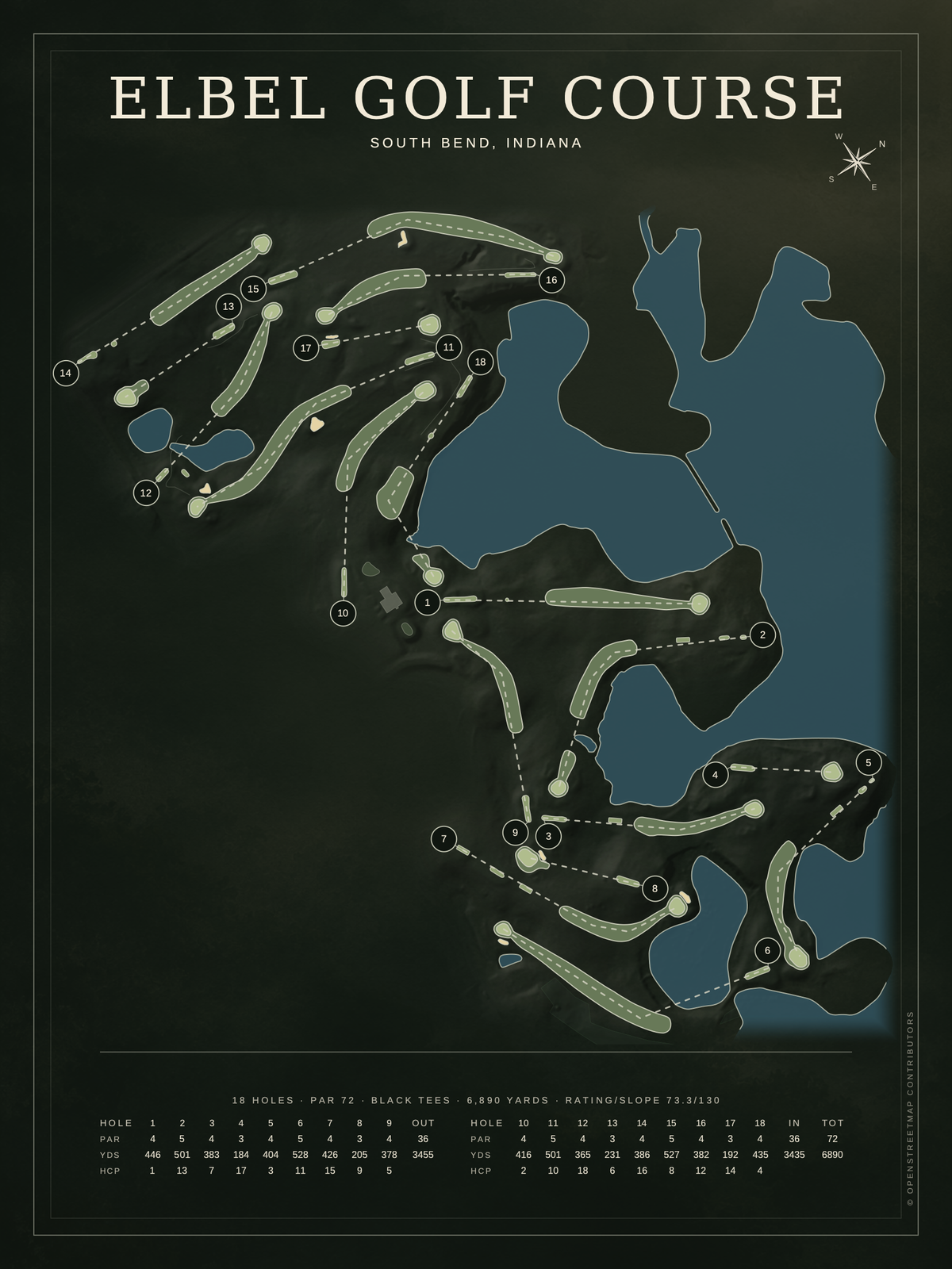 Elbel Golf Course map poster, Architectural style, 12×16 / 18×24