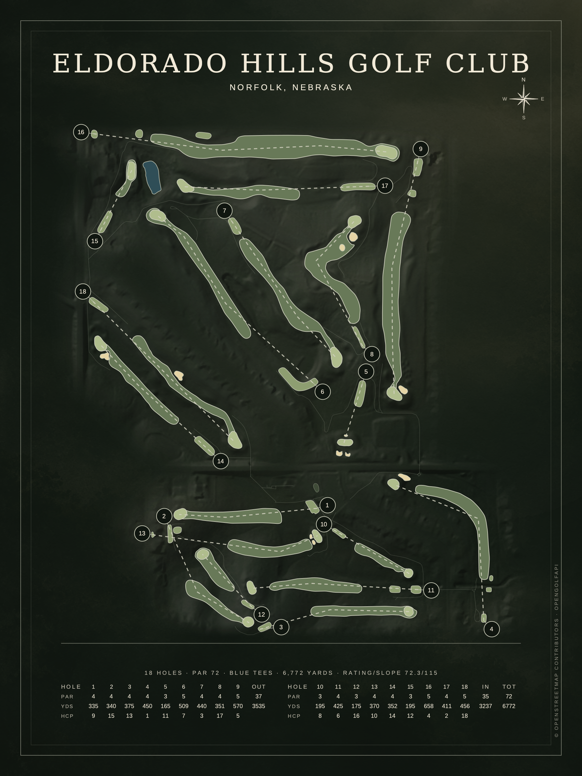 Eldorado Hills Golf Club course map poster, Architectural style, 12×16 / 18×24