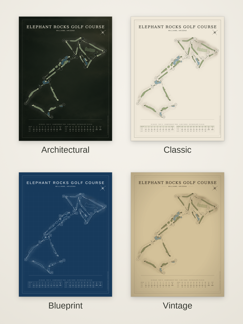 Elephant Rocks Golf Course map poster in four styles: Architectural, Classic, Blueprint and Vintage