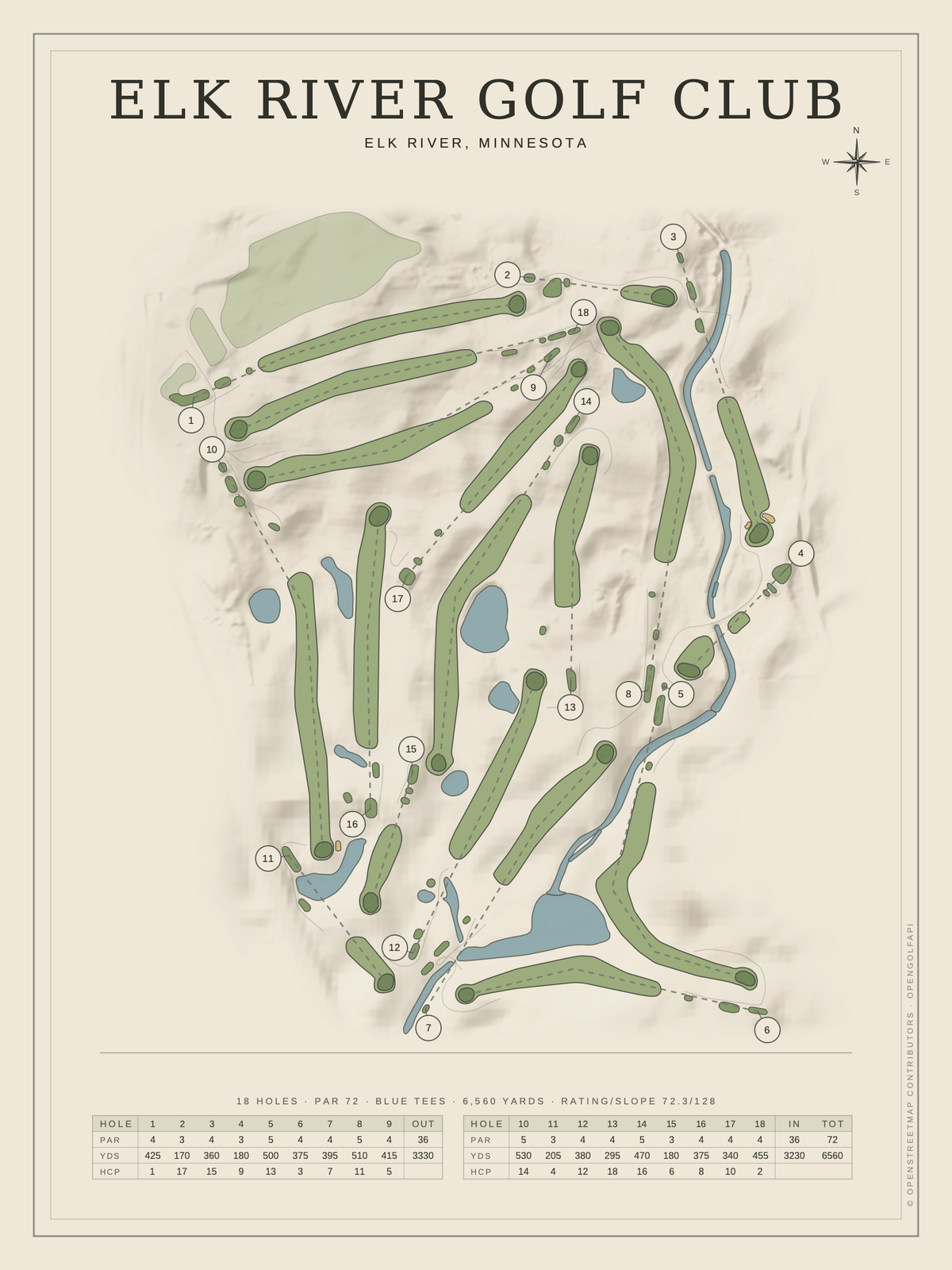 Elk River Golf Club course map poster, Classic style, 12×16 / 18×24
