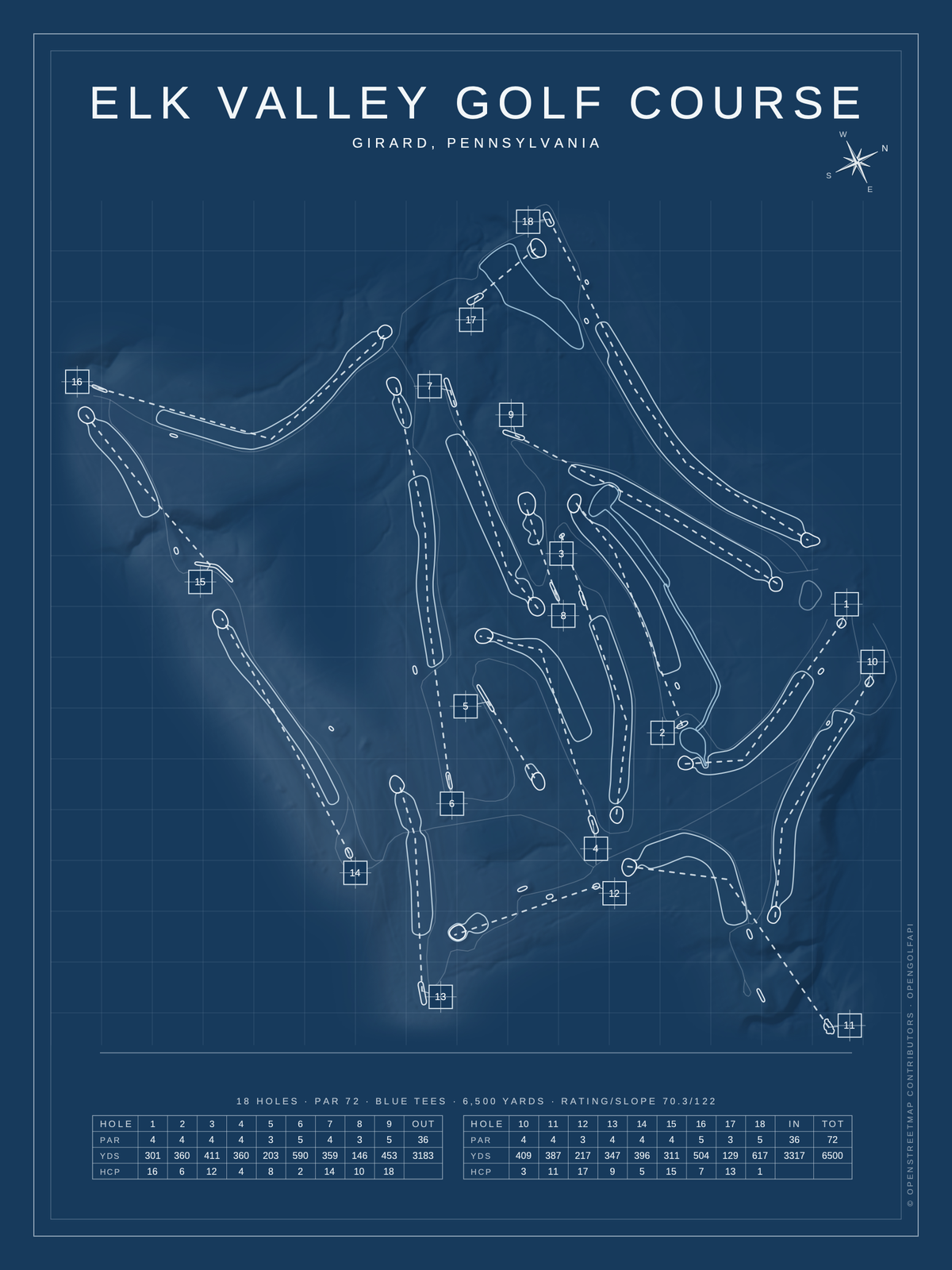 Elk Valley Golf Course map poster, Blueprint style, 12×16 / 18×24