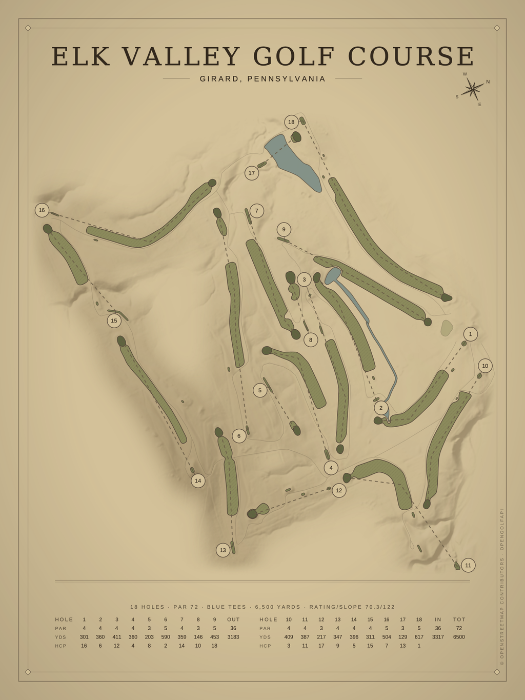 Elk Valley Golf Course map poster, Vintage style, 12×16 / 18×24