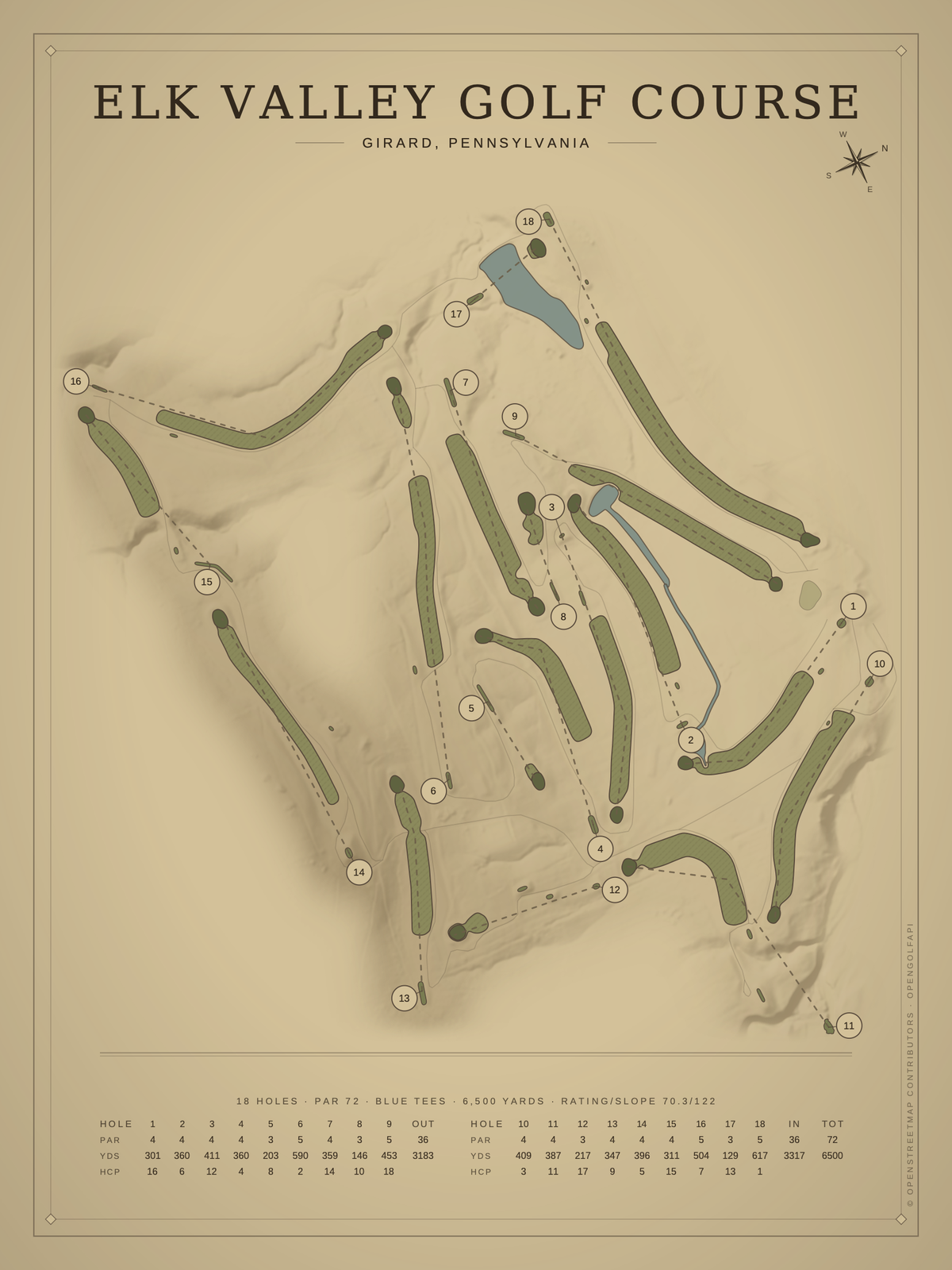 Elk Valley Golf Course map poster, Vintage style, 12×16 / 18×24