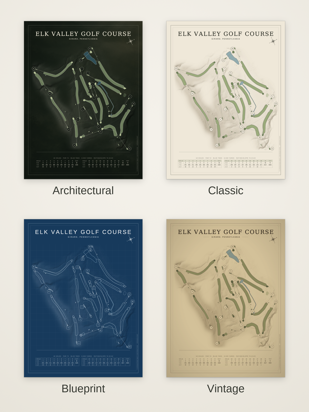 Elk Valley Golf Course map poster in four styles: Architectural, Classic, Blueprint and Vintage