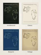 Elkhorn Ridge Golf Club course map poster in four styles: Architectural, Classic, Blueprint and Vintage