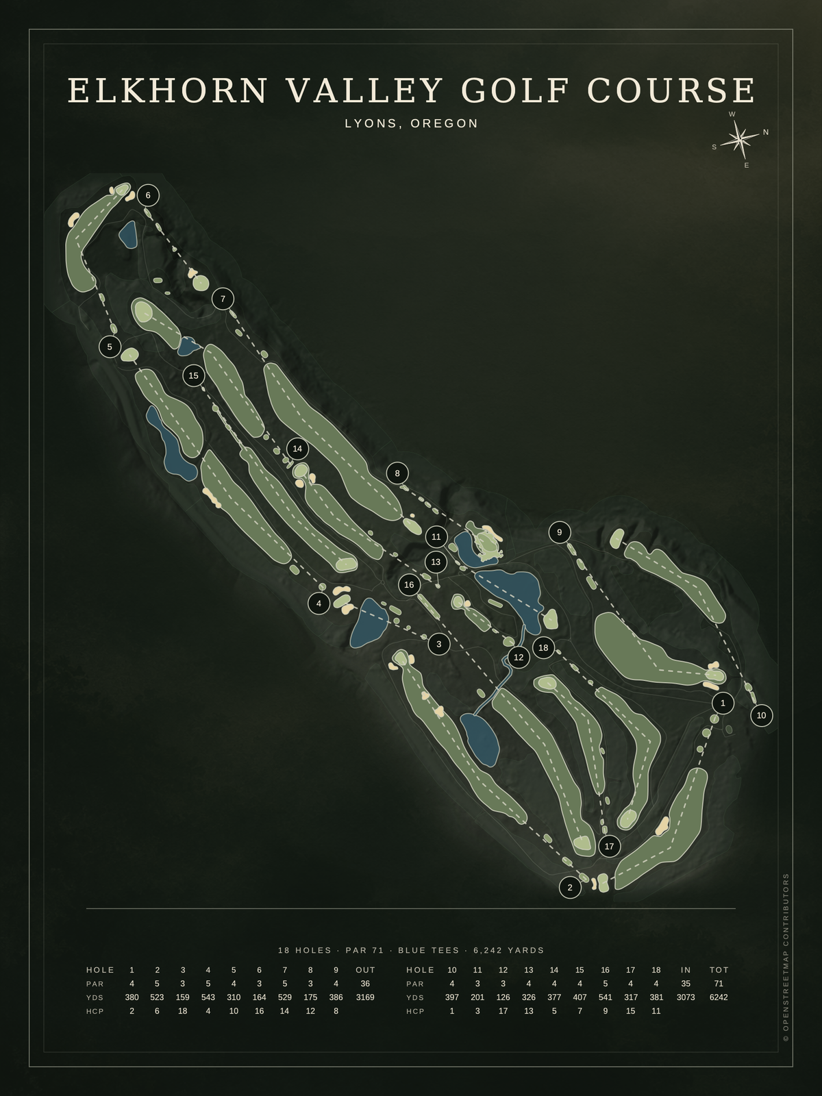 Elkhorn Valley Golf Course map poster, Architectural style, 12×16 / 18×24