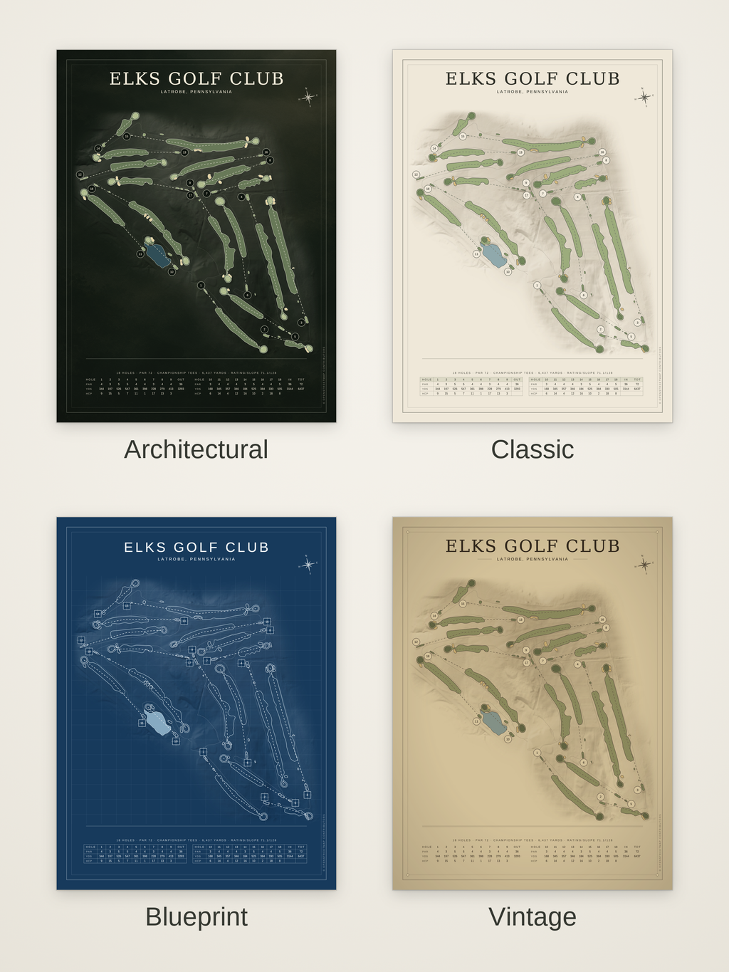 Elks Golf Club course map poster in four styles: Architectural, Classic, Blueprint and Vintage