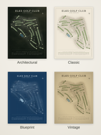 Elks Golf Club course map poster in four styles: Architectural, Classic, Blueprint and Vintage