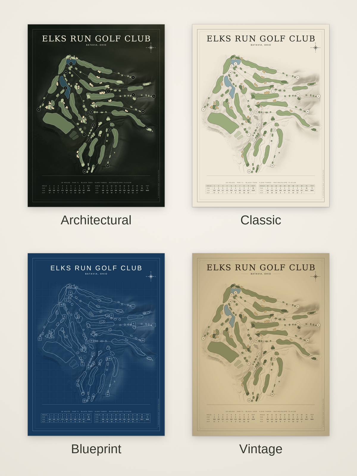 Elks Run Golf Club course map poster in four styles: Architectural, Classic, Blueprint and Vintage