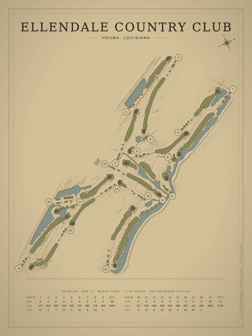 Ellendale Country Club course map poster, Vintage style, 12×16 / 18×24