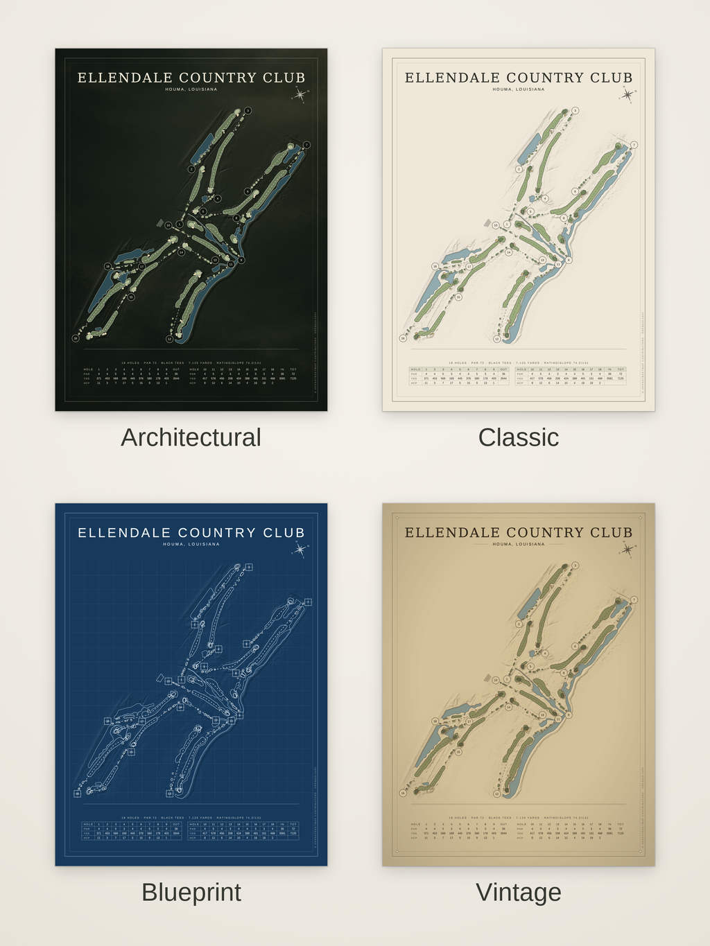 Ellendale Country Club course map poster in four styles: Architectural, Classic, Blueprint and Vintage