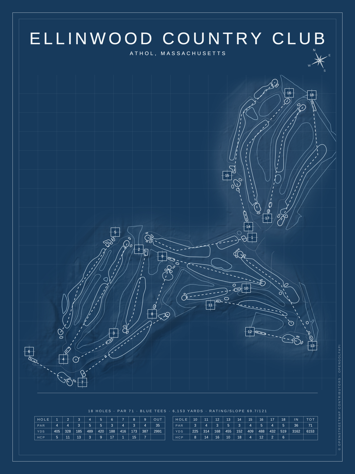 Ellinwood Country Club course map poster, Blueprint style, 12×16 / 18×24