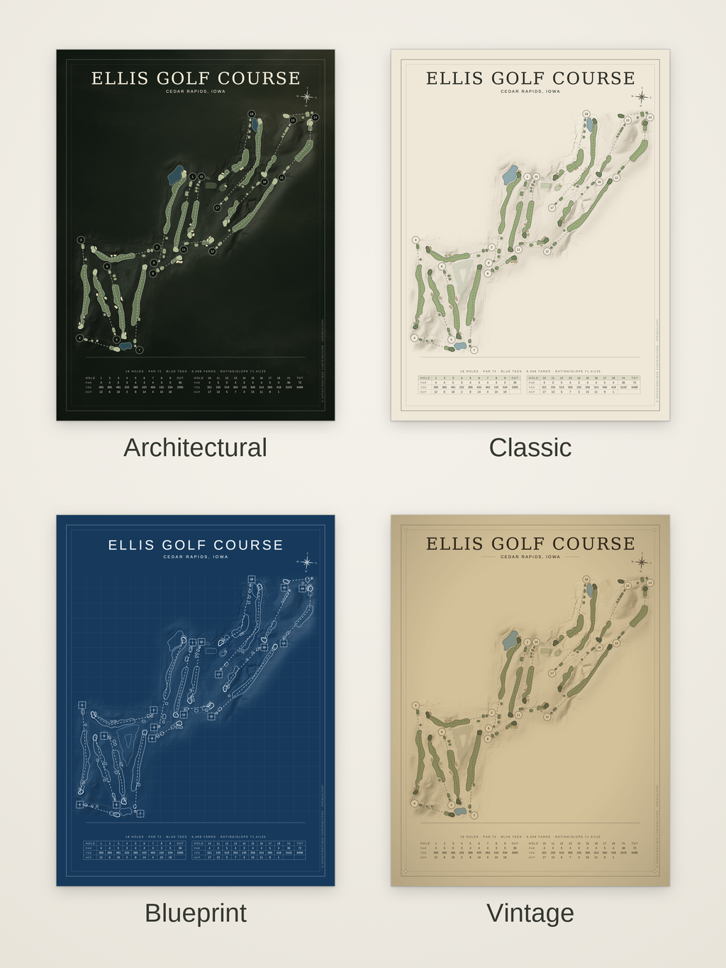 Ellis Golf Course map poster in four styles: Architectural, Classic, Blueprint and Vintage