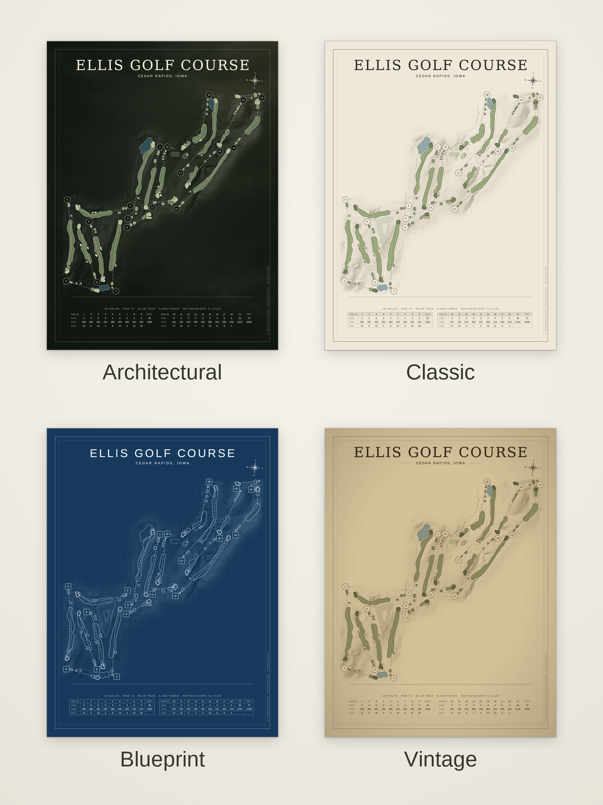 Ellis Golf Course map poster in four styles: Architectural, Classic, Blueprint and Vintage