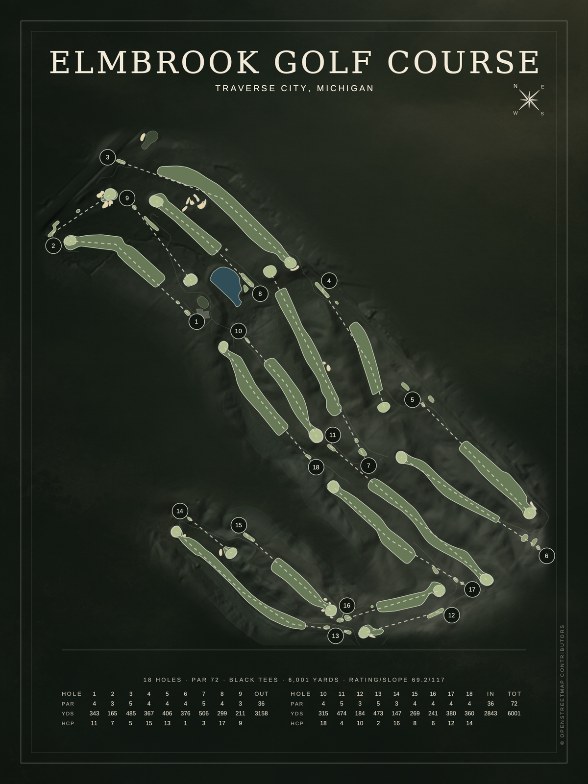 Elmbrook Golf Course map poster, Architectural style, 12×16 / 18×24