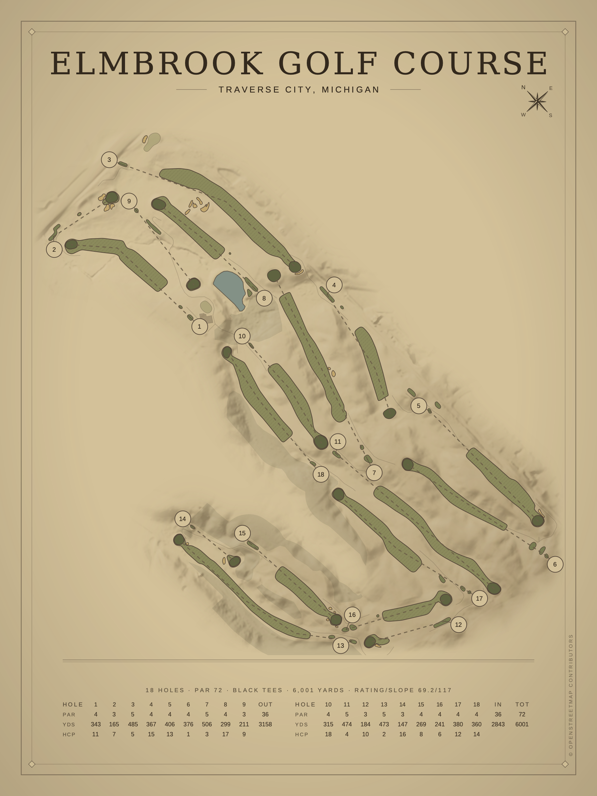 Elmbrook Golf Course map poster, Vintage style, 12×16 / 18×24