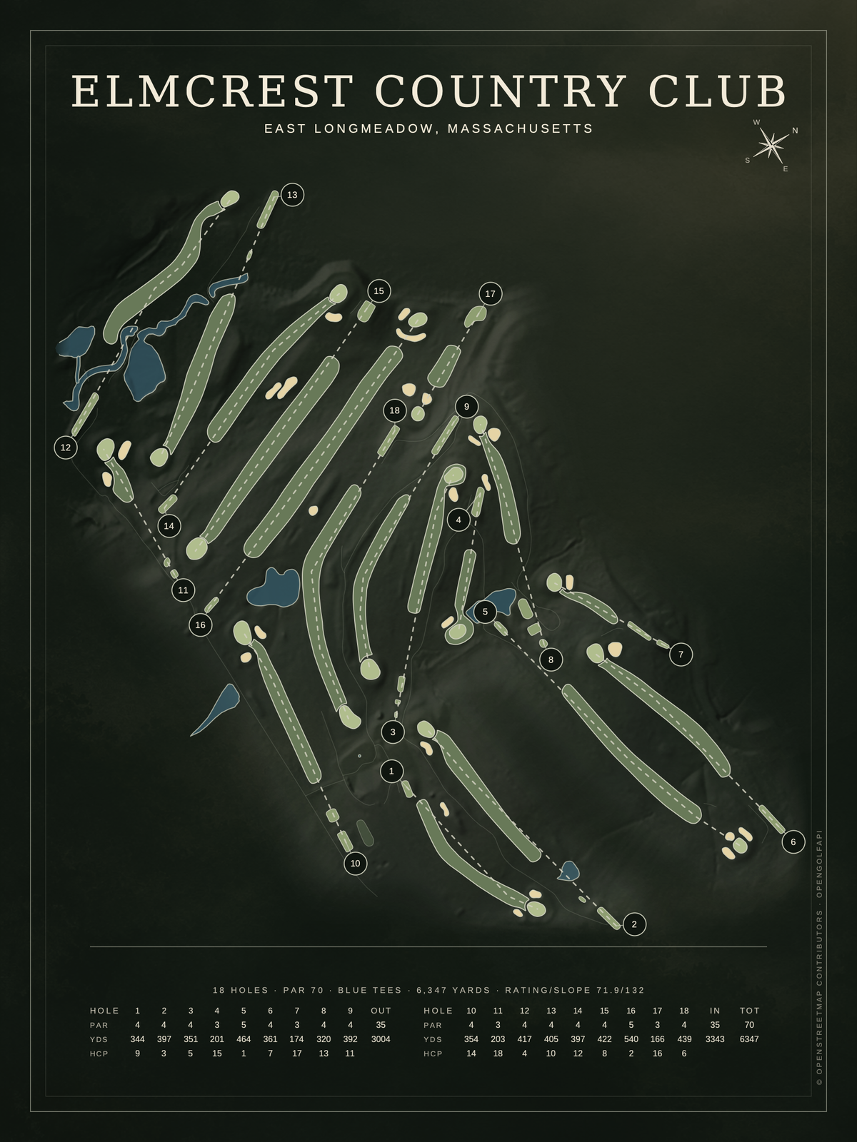 Elmcrest Country Club course map poster, Architectural style, 12×16 / 18×24