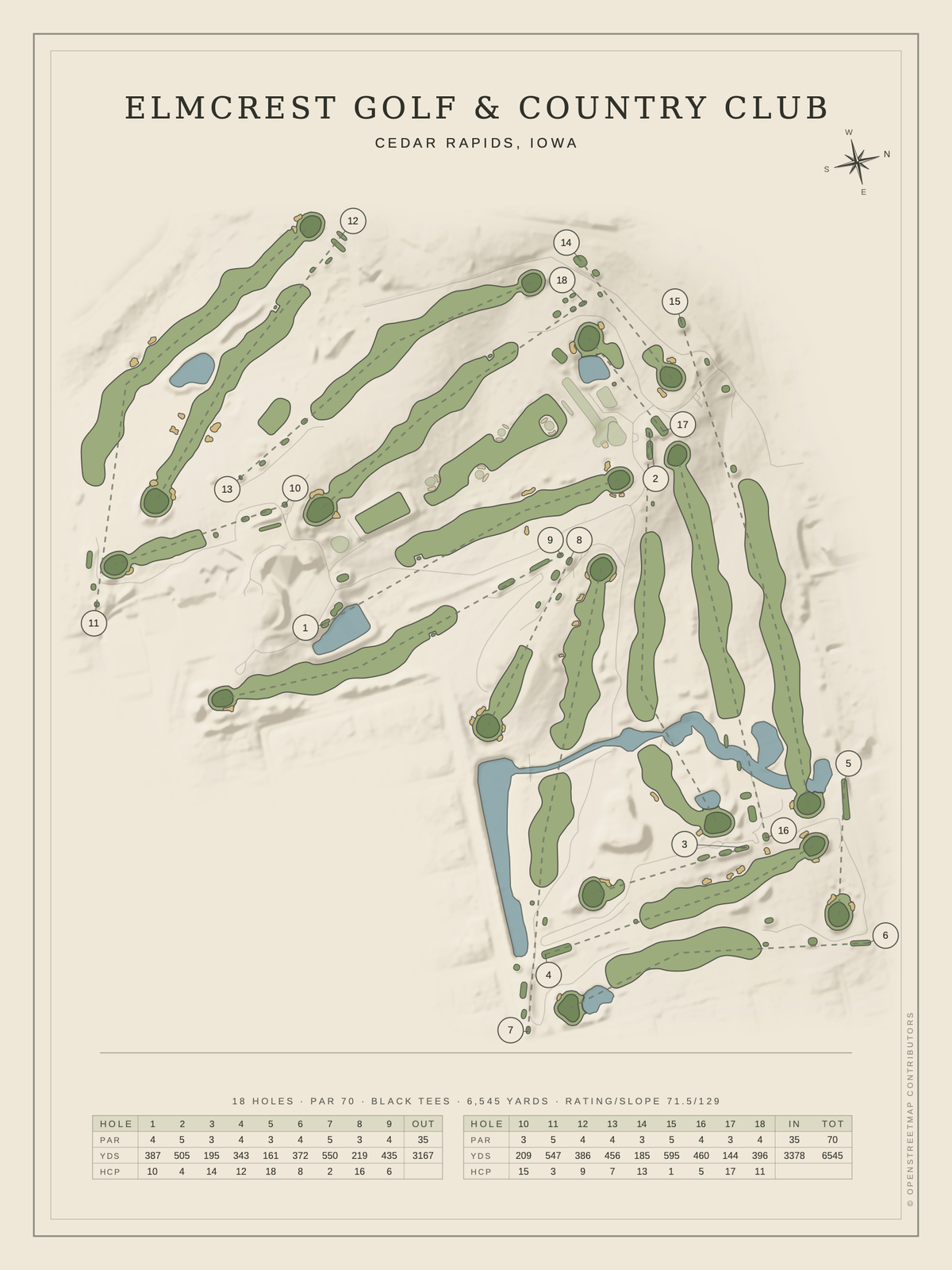Elmcrest Golf & Country Club course map poster, Classic style, 12×16 / 18×24