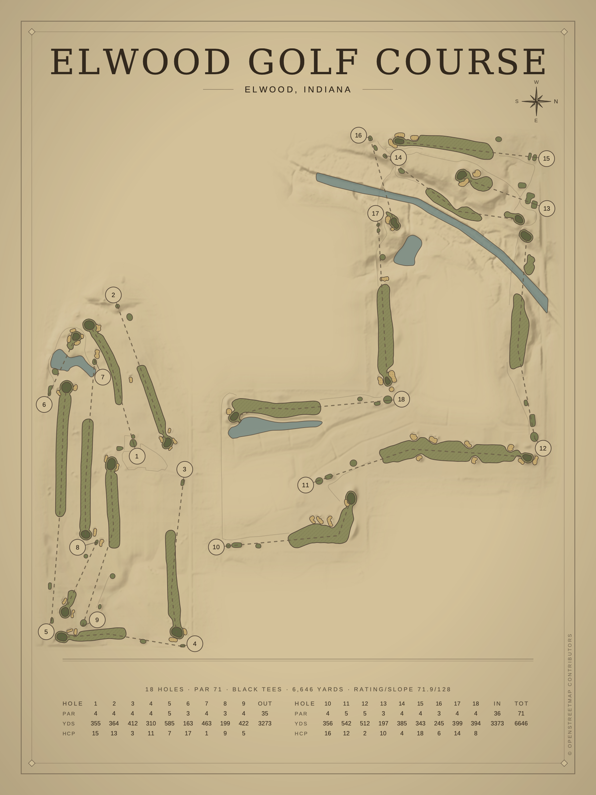 Elwood Golf Course map poster, Vintage style, 12×16 / 18×24