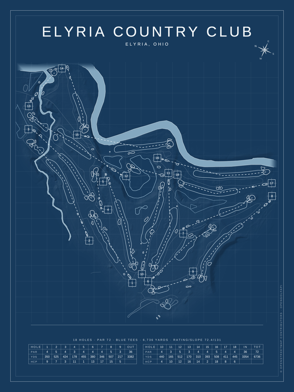 Elyria Country Club course map poster, Blueprint style, 12×16 / 18×24