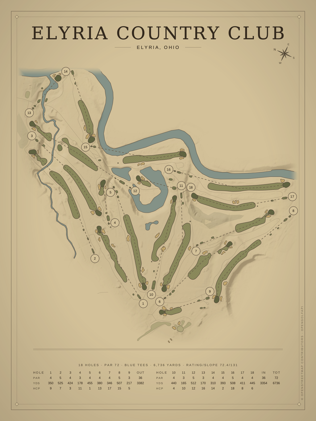 Elyria Country Club course map poster, Vintage style, 12×16 / 18×24