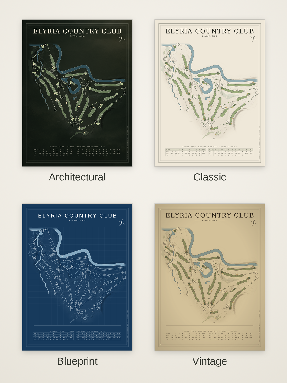 Elyria Country Club course map poster in four styles: Architectural, Classic, Blueprint and Vintage
