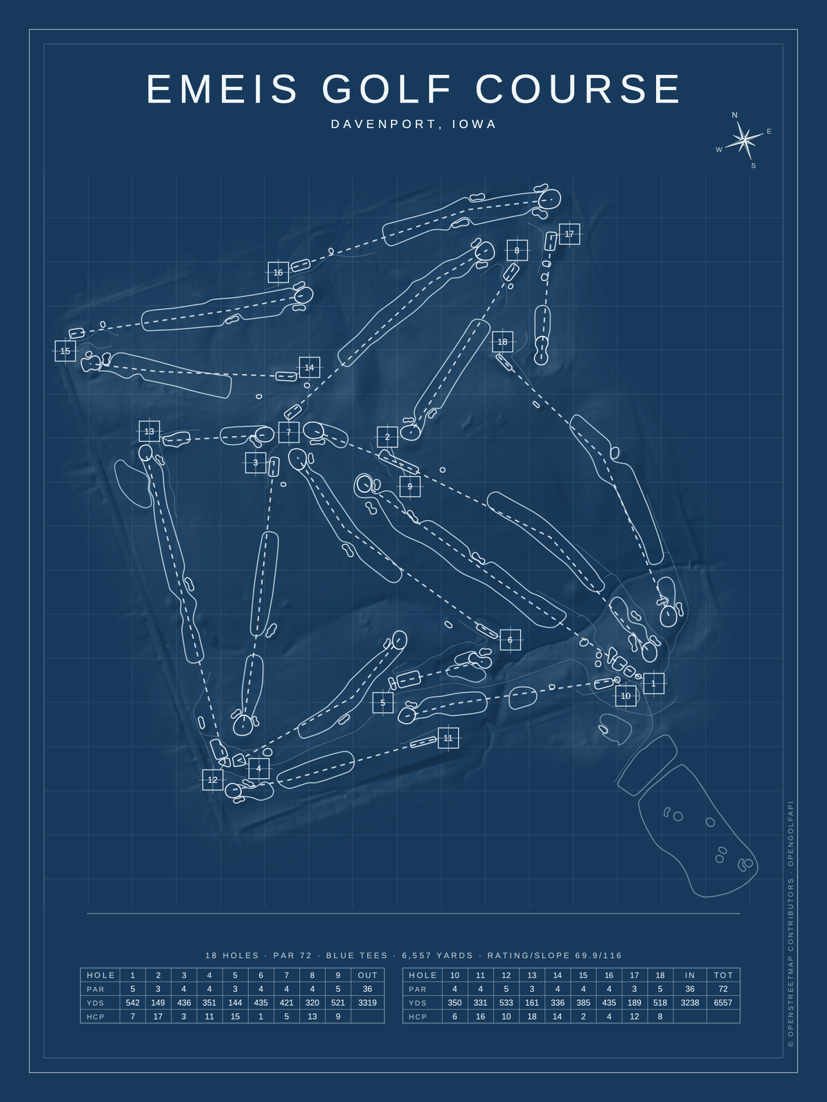 Emeis Golf Course map poster, Blueprint style, 12×16 / 18×24