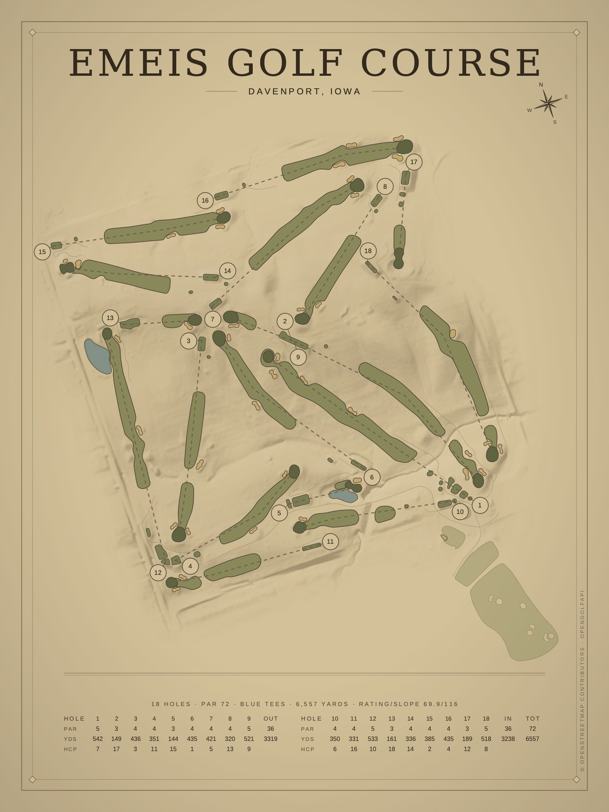 Emeis Golf Course map poster, Vintage style, 12×16 / 18×24