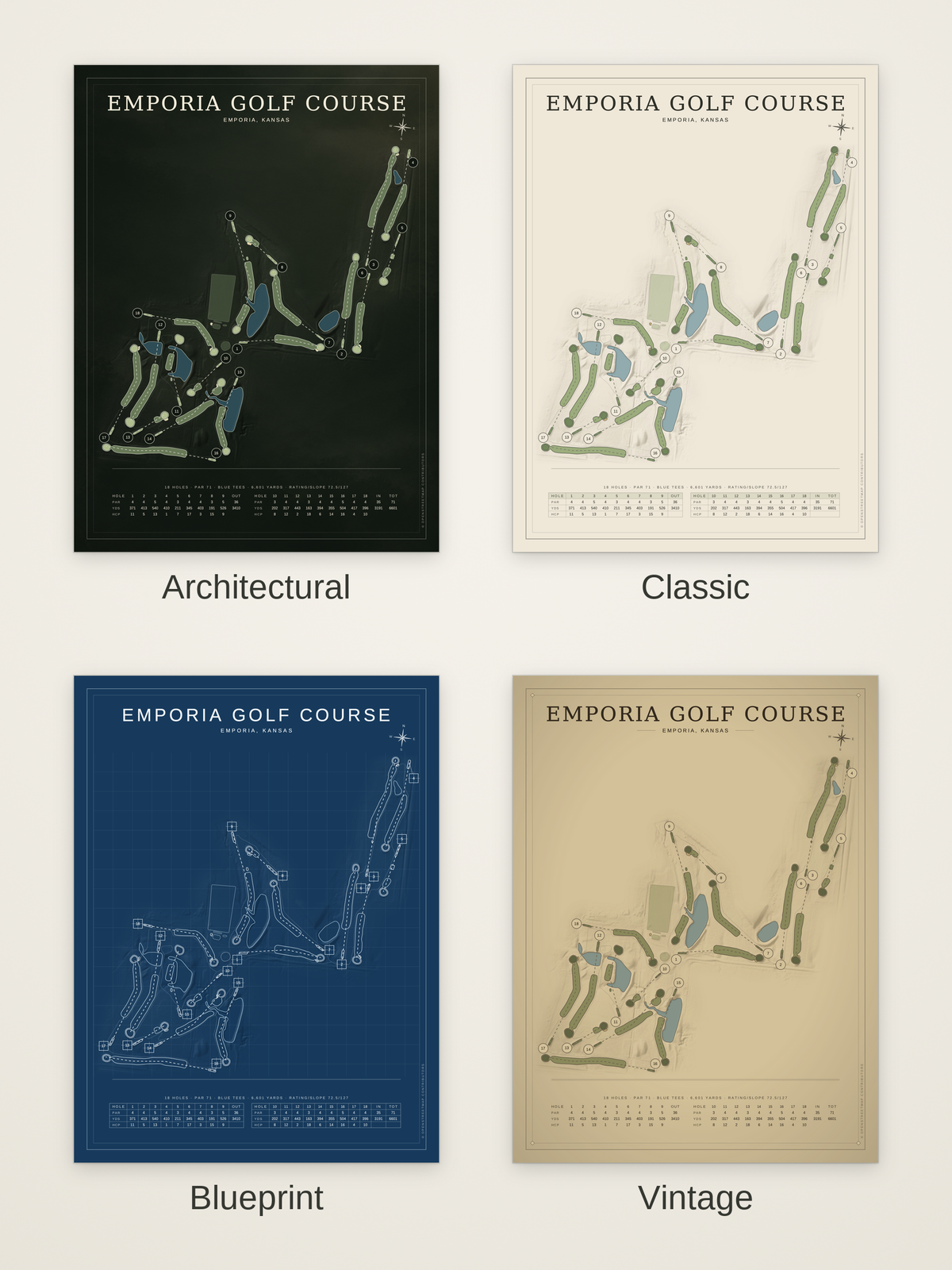 Emporia Golf Course map poster in four styles: Architectural, Classic, Blueprint and Vintage