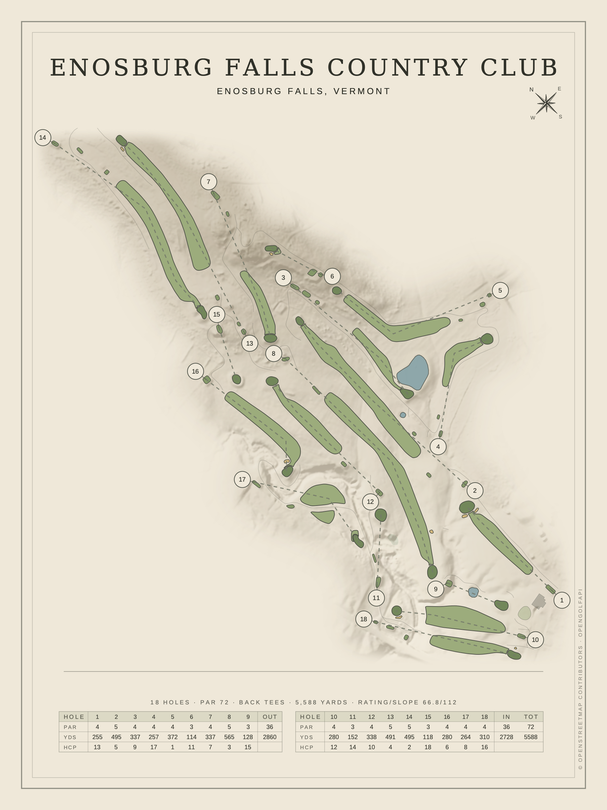 Enosburg Falls Country Club course map poster, Classic style, 12×16 / 18×24