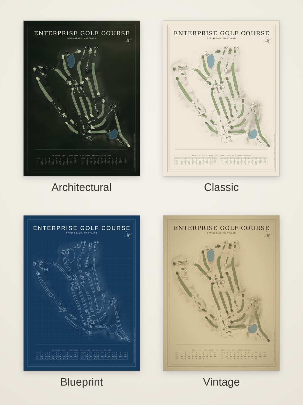 Enterprise Golf Course map poster in four styles: Architectural, Classic, Blueprint and Vintage