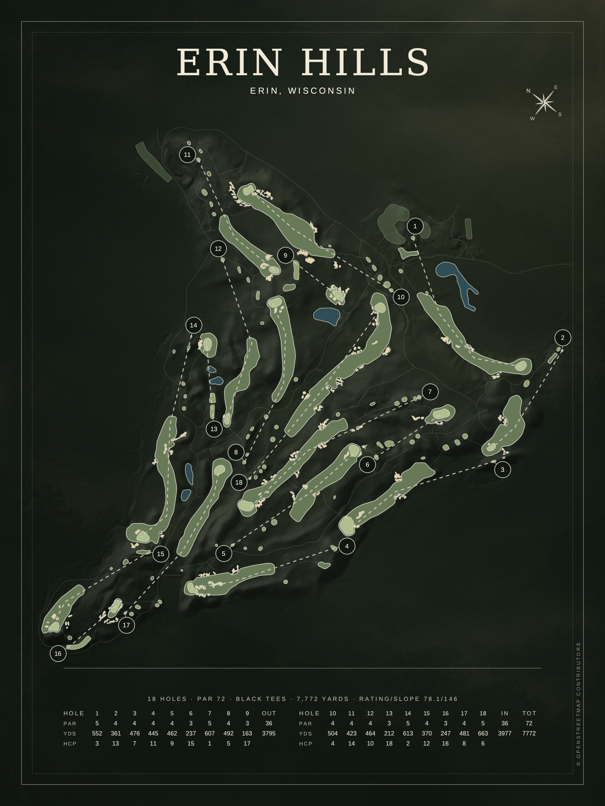 Erin Hills course map poster, Architectural style, 12×16 / 18×24