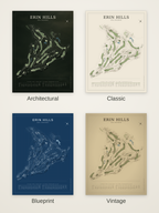 Erin Hills course map poster in four styles: Architectural, Classic, Blueprint and Vintage