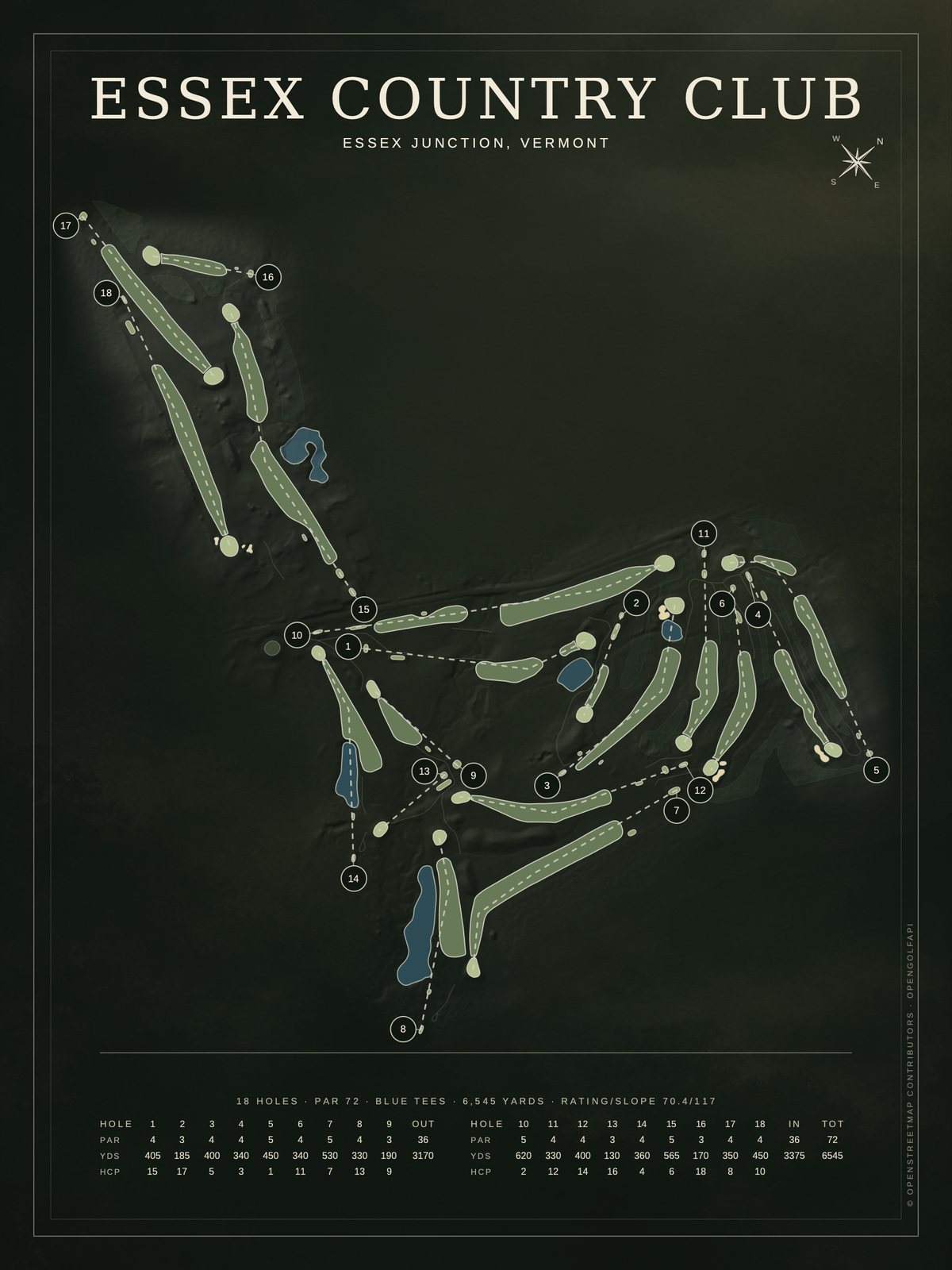 Essex Country Club course map poster, Architectural style, 12×16 / 18×24