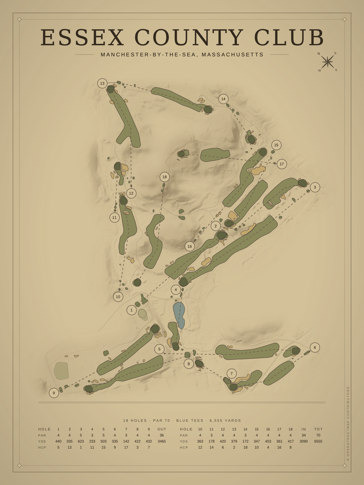 Essex County Club course map poster, Vintage style, 12×16 / 18×24