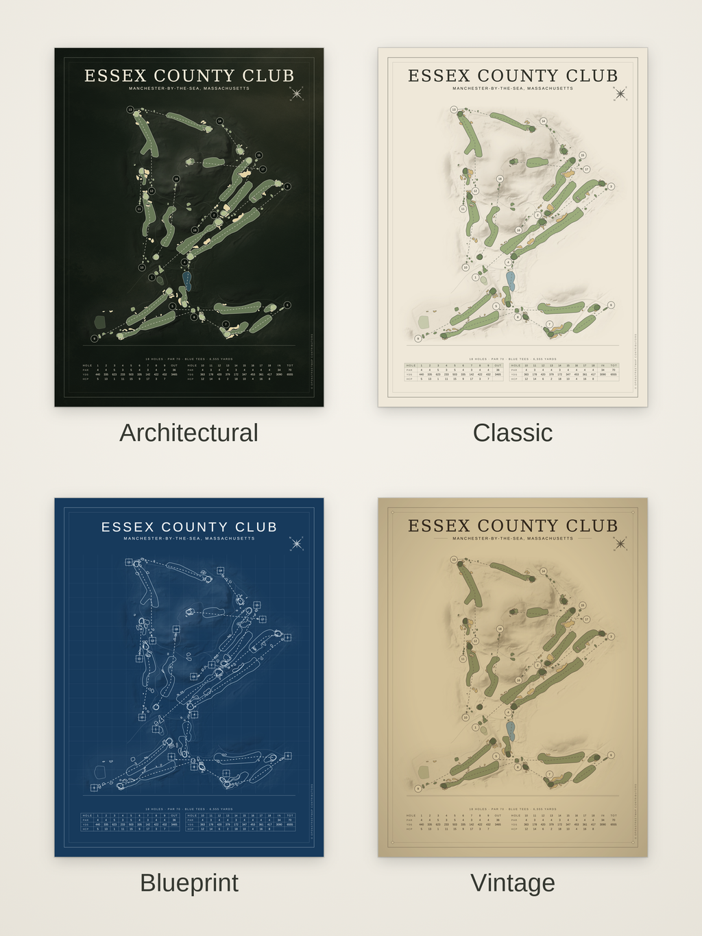 Essex County Club course map poster in four styles: Architectural, Classic, Blueprint and Vintage