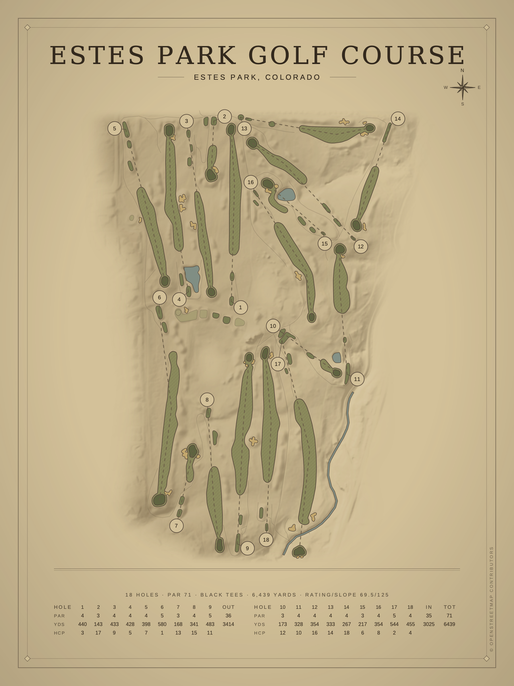 Estes Park Golf Course map poster, Vintage style, 12×16 / 18×24