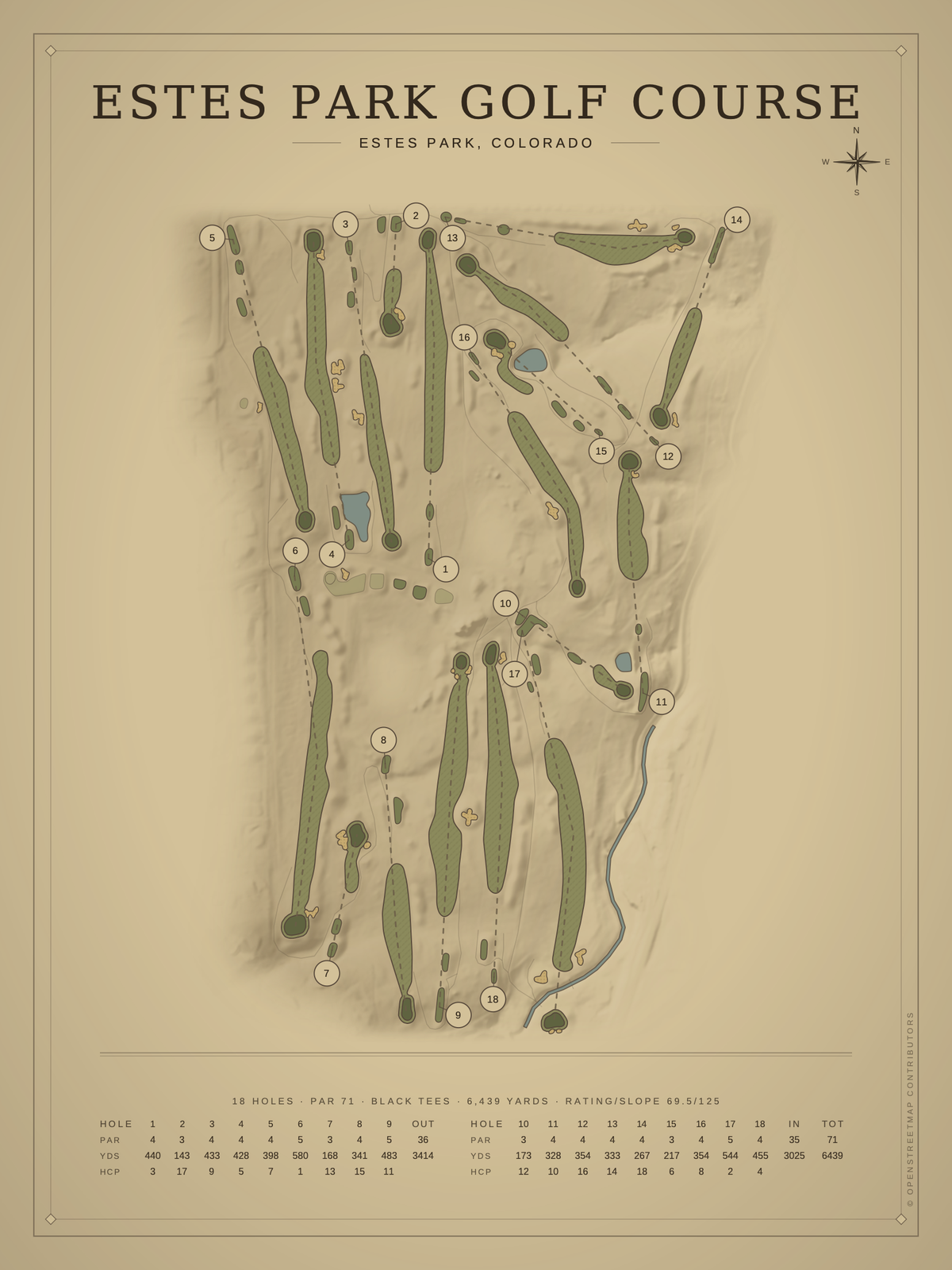 Estes Park Golf Course map poster, Vintage style, 12×16 / 18×24