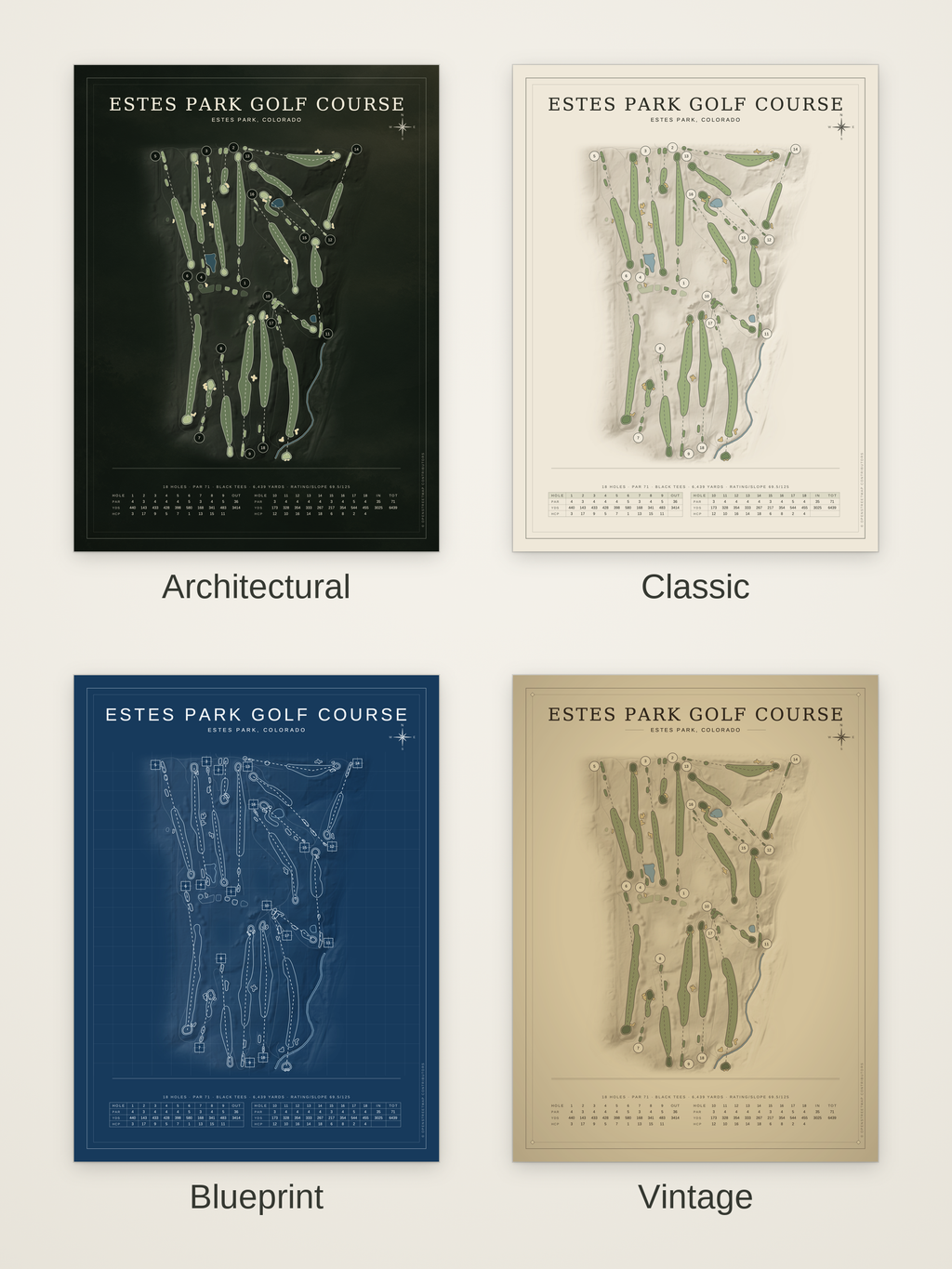 Estes Park Golf Course map poster in four styles: Architectural, Classic, Blueprint and Vintage