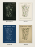 Estes Park Golf Course map poster in four styles: Architectural, Classic, Blueprint and Vintage