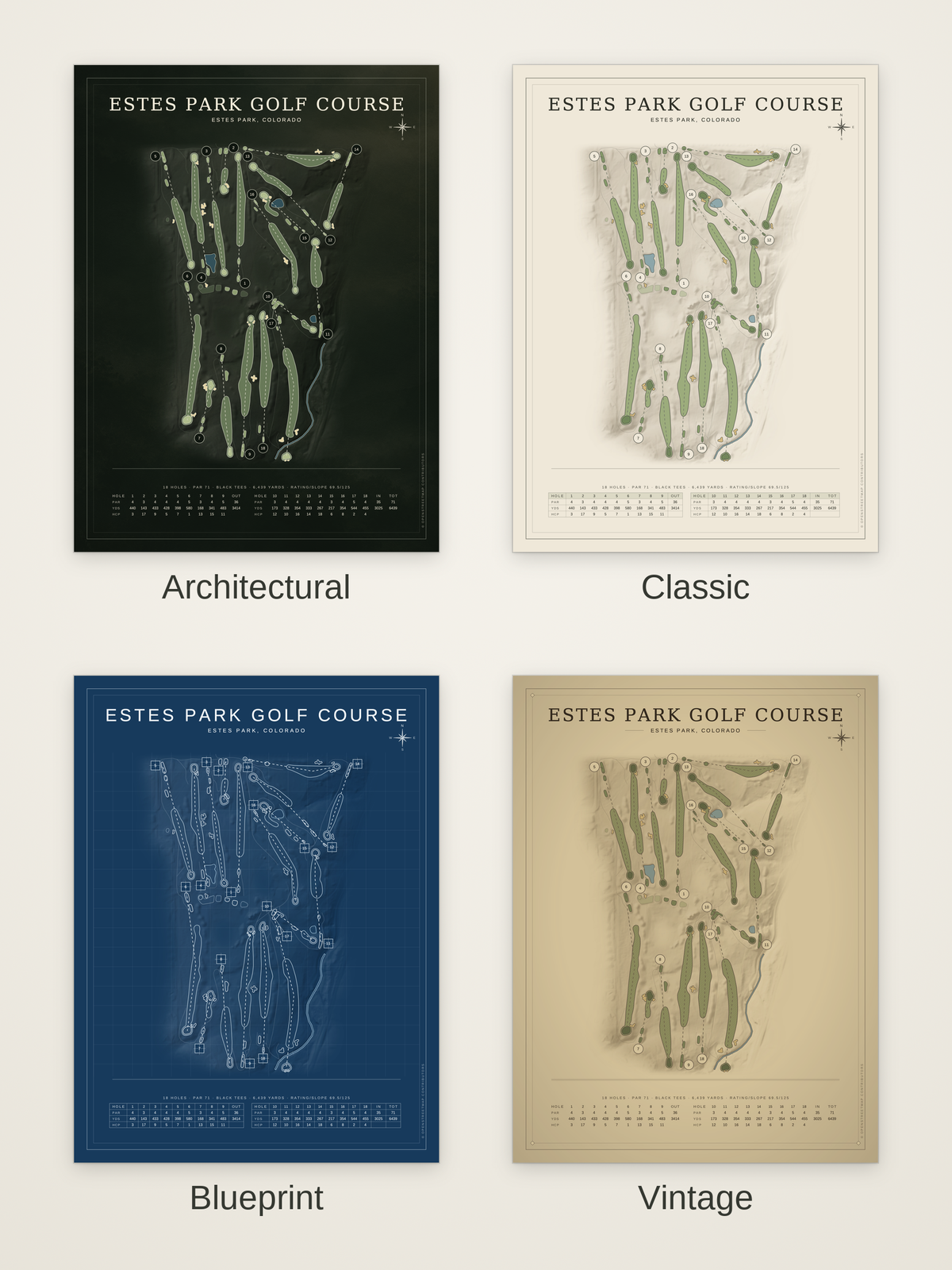 Estes Park Golf Course map poster in four styles: Architectural, Classic, Blueprint and Vintage