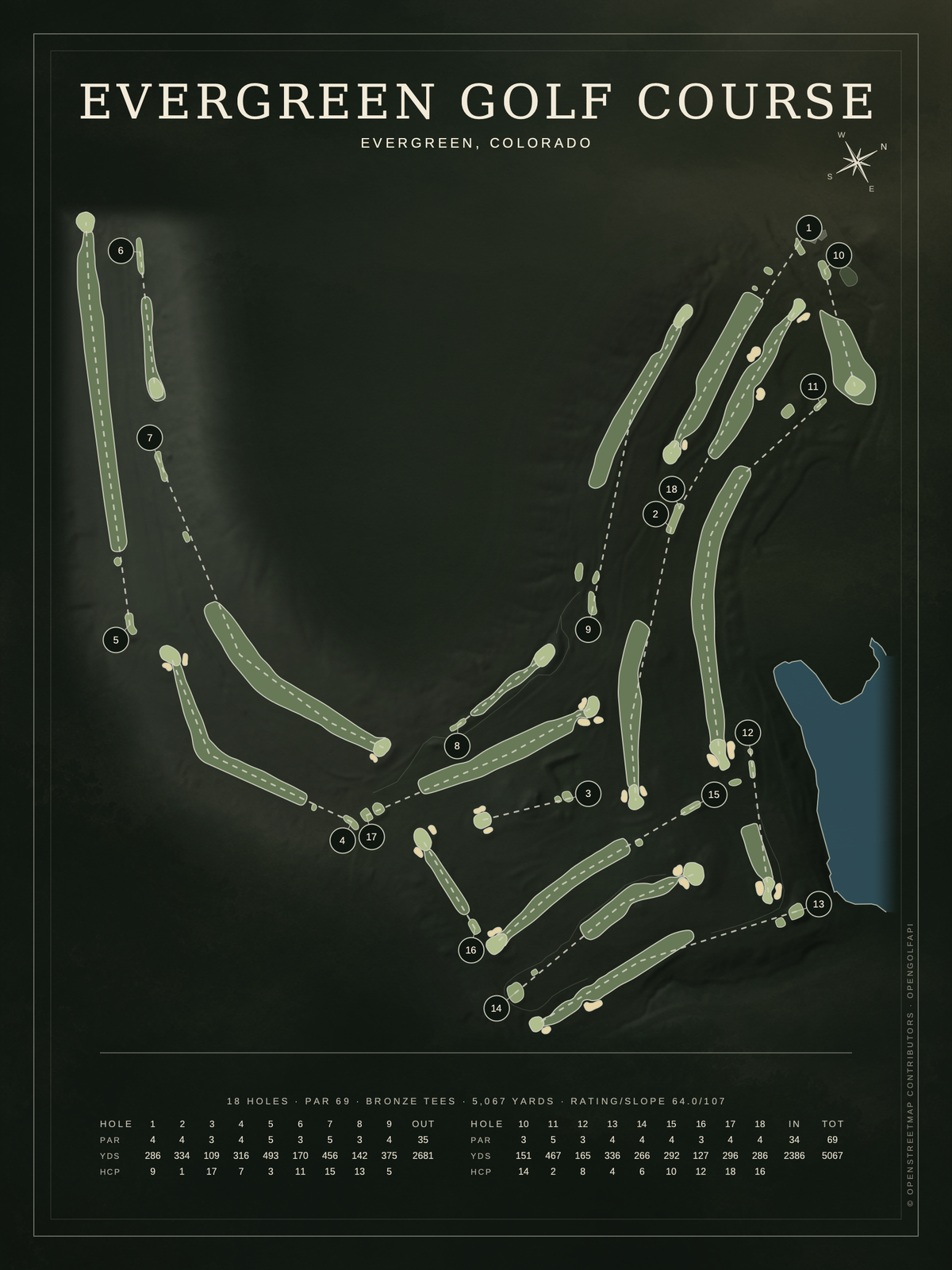 Evergreen Golf Course map poster, Architectural style, 12×16 / 18×24