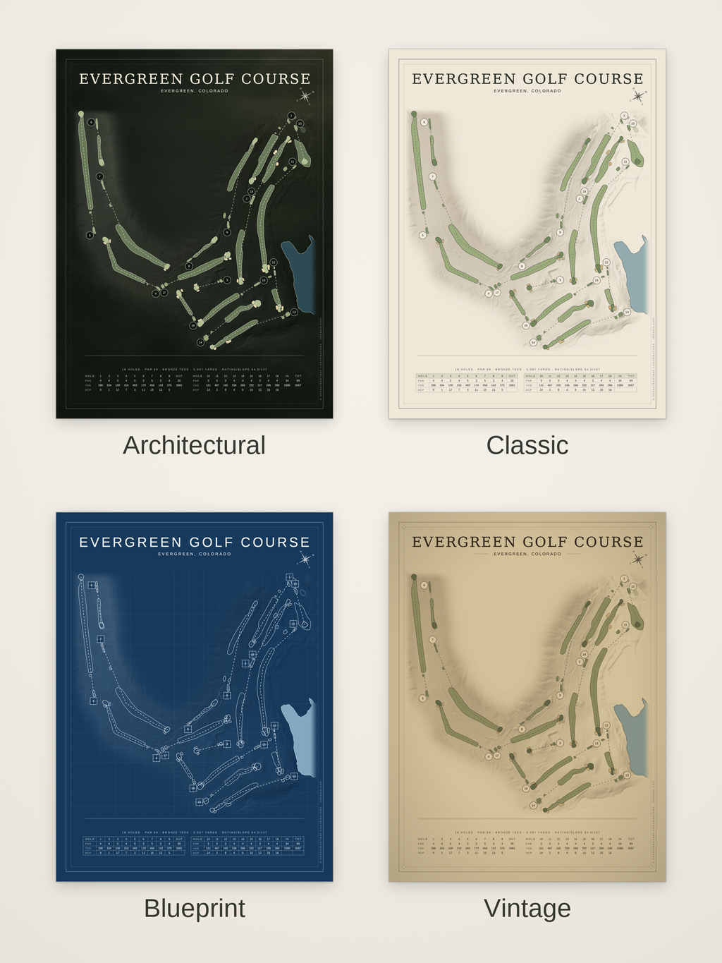 Evergreen Golf Course map poster in four styles: Architectural, Classic, Blueprint and Vintage